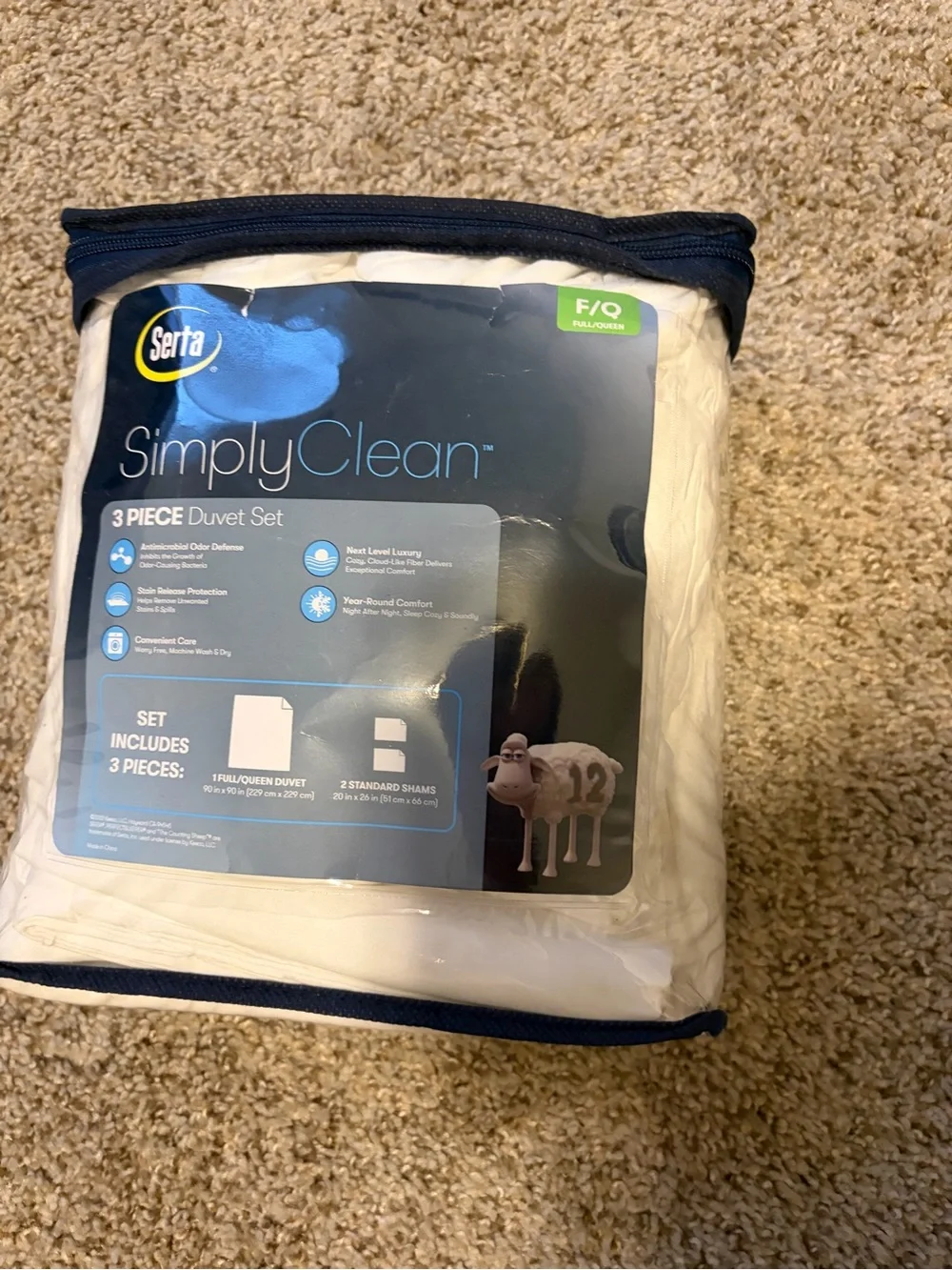 SERTA Simply Clean 3 Piece Solid Duvet Cover Set, White, Full/Queen NEW